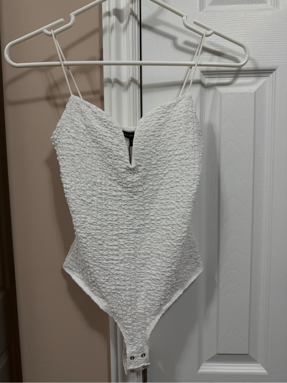 Dynamite Textured White V-Notch Spaghetti Strap Bodysuit